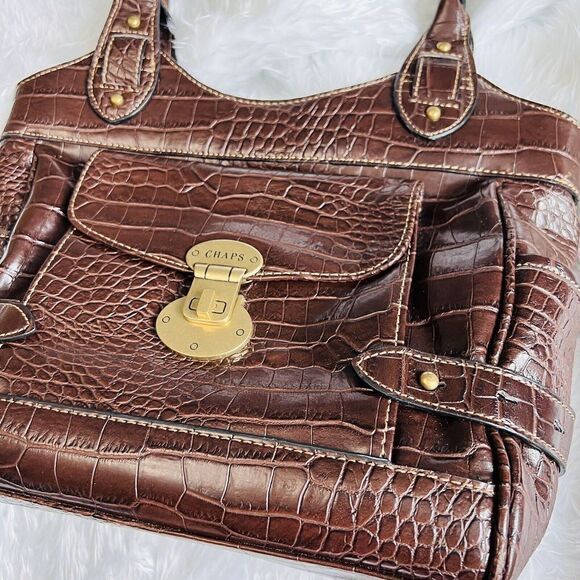 CHAPS Brown Faux Leather Croc Tote Shoulder Bag Business Casual Satchel Gold - Picture 2 of 15
